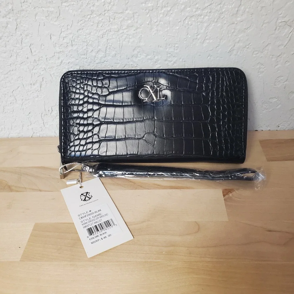 CXL by CHRISTIAN LACROIX Kara Croco Zip Around Wallet Black Wrist Strap Wristlet